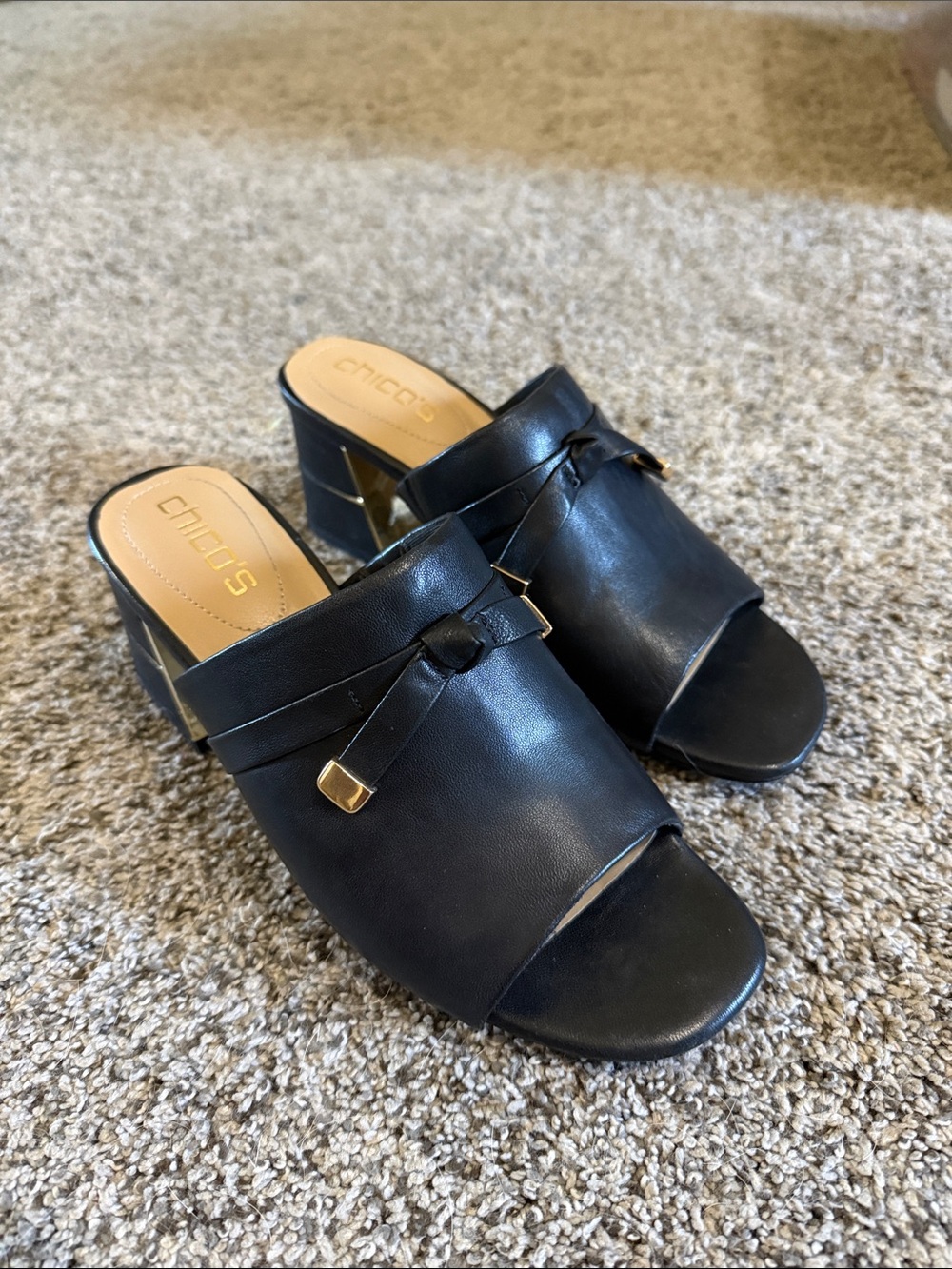 Chico's Black Leather Open-Toe Slide Mules with Gold Accents